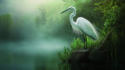Naklejka premium White heron and green landscape.