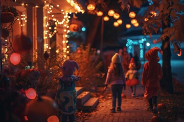 Naklejka premium Vibrant Halloween Night with Kids in Costumes Visiting Decorated House for Trick-or-Treat