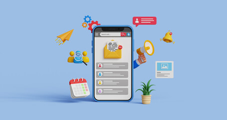 Email marketing, email automation, marketing automation. Customer engagement, retention, loyalty. Business e-mail communication, digital marketing. 3D smartphone with emails inbox and marketing icons