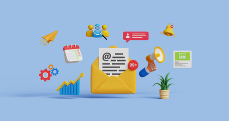 Email marketing, CRM, email automation concept. Subscribe to newsletter or sign up for mailing list. Email service for customers, customer retention strategy. 3D mail envelope with marketing icons