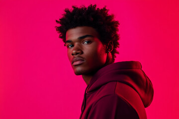 Stylish Burgundy Hoodie for Men with Neon Pink Trendy Fashion Portrait, Vibrant Background