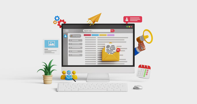 Email marketing, CRM, email automation concept. Email newsletter for automated marketing or subscription concept. Business email solution. 3D computer with emails inbox and marketing icons