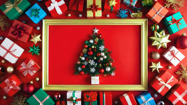 Merry Christmas red template with copy space area, festive background, Christmas tree and gifts concept