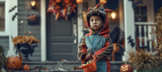 Fototapeta premium Young Boy in Dragon Costume for Halloween, Holding Candy Bucket, Festive House Decorations