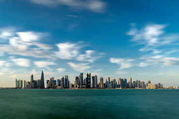 Panoramic skyline of Doha, Qatar during sunrise