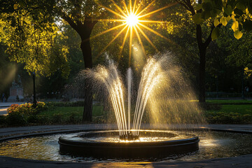 Fountain in a park with sunlight shining through the trees, creating a golden glow on the water