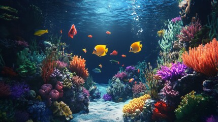 Naklejka premium Vibrant Coral Reef Ecosystem with Colorful Fish