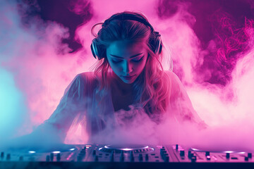 beautiful girl with big headphones on her head at a techno party illuminated by pink and blue party lights, generative AI