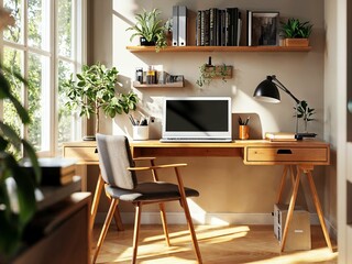 Minimalist Home Office with Laptop, Books, and Indoor Plants