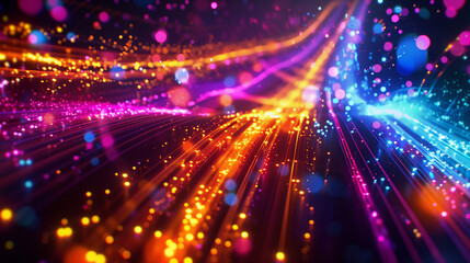 Bright streams of light flow through glowing fiber optic cables in a dazzling array of colors. Ideal for technology, data transfer, and futuristic network communication concepts.

