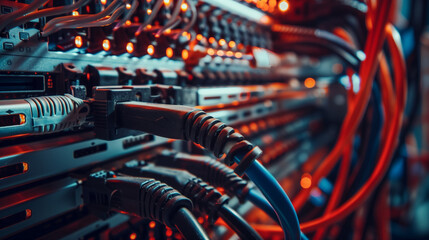 Fototapeta premium Vibrant blue and orange network cables connecting equipment in a server room. Perfect for IT, networking, and data communication projects.
