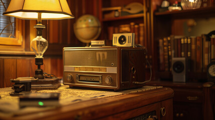 Fototapeta premium A retro electronics setup featuring a vintage radio and classic decor. Perfect for themes around nostalgia, vintage technology, and retro aesthetics.