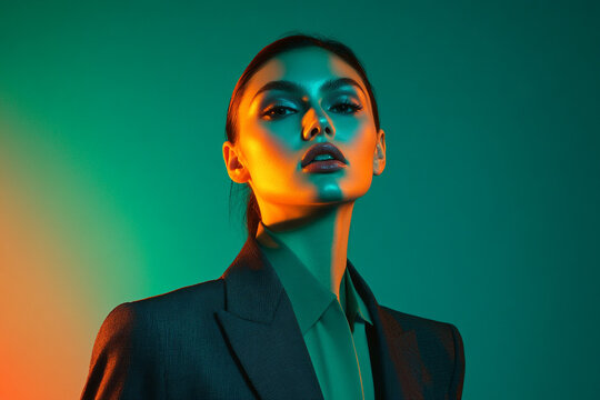 Womens Dark Gray Suit with Neon Aqua Trendy Fashion Portrait, Chic Lifestyle Background