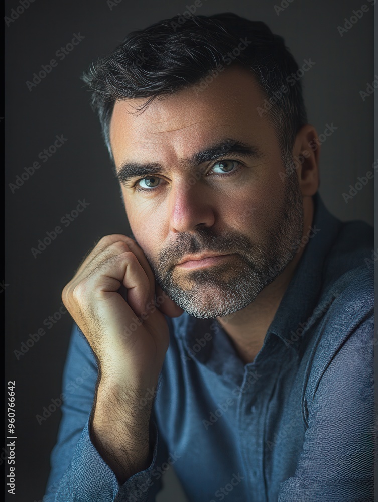 Poster the man rests his chin on his hand, showcasing a serious expression while deep in thought in a dimly