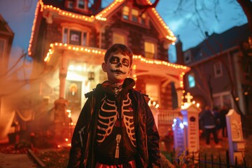 Halloween Night: Young Boy in Skeleton Costume in Front of Decorated Haunted House