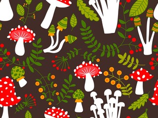 Cartoon autumn harvest seamless Halloween mushrooms pattern