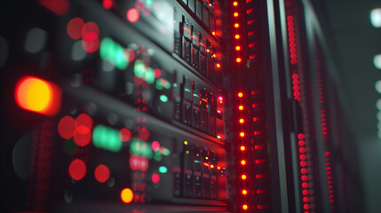 Naklejka premium Red LED lights blinking on server hardware in a dark data center, highlighting the essential infrastructure of modern digital networks. Ideal for technology and IT themes.