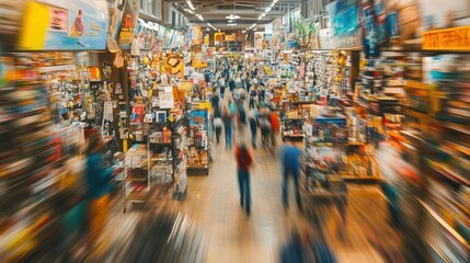 Blurred Image of a Crowded Shop With Shelves of Goods