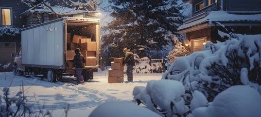 Winter Movers Unloading Truck in Snow Covered Landscape for Home Relocation - Ideal for Holiday or Winter Projects