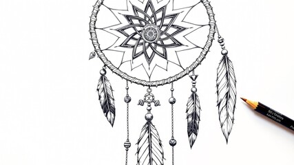 Detailed hand-drawn dreamcatcher with floral design and feathers created with black ink on white paper during an artistic session