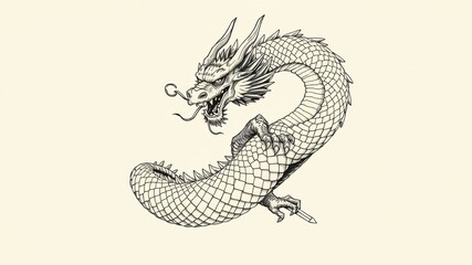 Intricate illustration of a mythical dragon with a long, serpentine body, depicted in a dynamic pose against a plain background