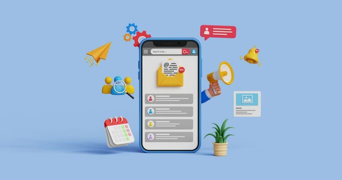 Email marketing, email automation, marketing automation. Customer engagement, retention, loyalty. Business e-mail marketing. 3D smartphone with emails inbox. 4K 3D animation. Trim first 3 sec for loop