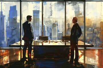 Business Partners in High-Stakes Negotiation in Modern High-Rise Office Overlooking Bustling Cityscape