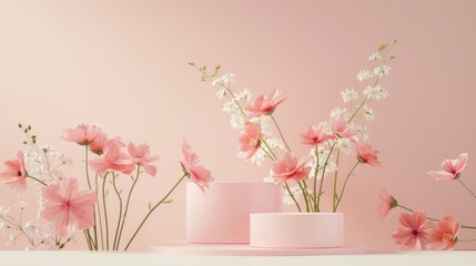 Geometric podium with flowers on pastel background for cosmetic mockup