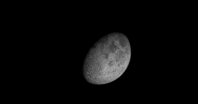 4k Animation of the Moon phases in their complete cycle on a black background, 3D Moon Phase Lunar Cycle Celestial Animation, and Looping. Detailed illustration of the moon from space with alpha matte