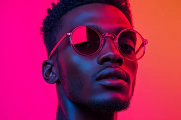 Trendy Mens Burgundy Eyewear with Solid Neon Pink Background, Lifestyle Portrait with Fashion Focus © Blockbits
