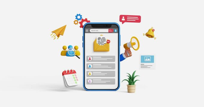 Email marketing, CRM, email automation concept. Email newsletter automated marketing, subscription, business email solutions. 3D smartphone with emails inbox.4K 3D animation. Trim first 3 sec for loop