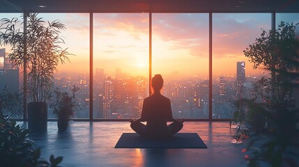 A minimalist office with a meditation corner, where a professional contemplates new strategies for personal and business growth