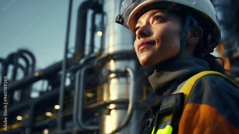 Aufkleber industrial engineer is looking upwards with a look of contemplation while standing in front of large