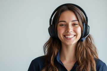 Portrait of a young woman with a headset and microphone, perfect for customer service or call center visuals, generative AI