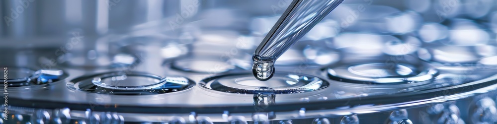 Poster close-up view of a pipette delivering a liquid into a vial in a lab setting for dna analysis