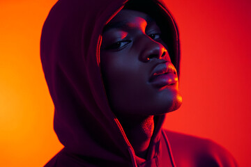 Stylish Mens Burgundy Hoodie with Solid Neon Orange Details, Vibrant Lifestyle Fashion Portrait