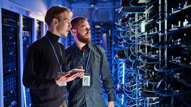 Two men analysing data in a server room