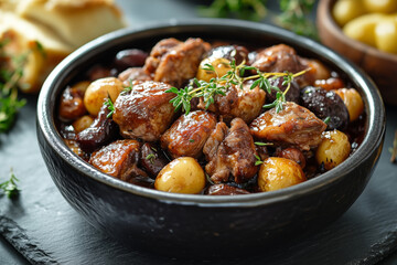Delicious coq au vin served in a modern ceramic bowl on a rustic slate surface with vibrant ingredients and fresh herbs