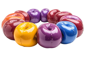 A circle of colorful donuts, showcasing a variety of flavors and toppings, presented attractively on a clean surface.
