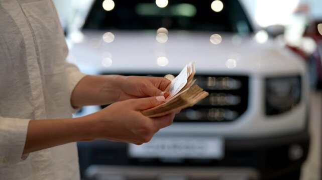 Potential female buyer counting stack of banknotes prepares to buy new vehicle, with white car visible in blurred background, highlighting financial aspect of purchasing car. Shooting in slow motion.