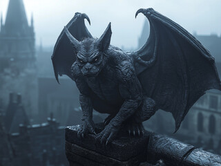 Gargoyle - gargoyle, statue, gothic, architecture, eerie, wings, stone, night, skyline, medieval, spooky, dark, cityscape, sculpture, mythical, creature
