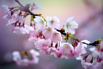 Fototapeta premium Close-Up of Delicate Cherry Blossoms in Soft Pink with Dewdrops