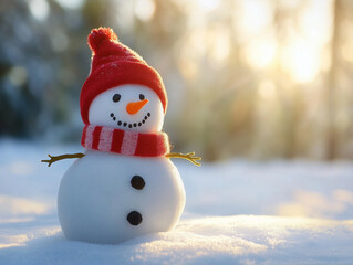  A snowman stands in a snowy environment, wearing a hat, scarf, and featuring a carrot nose. Fresh snow covers the ground, and the sky is overcast, creating a classic winter scene.