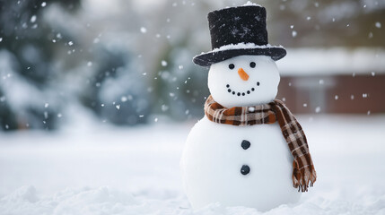 Fototapeta premium A snowman stands in a snowy environment, wearing a hat, scarf, and featuring a carrot nose. Fresh snow covers the ground, and the sky is overcast, creating a classic winter scene.