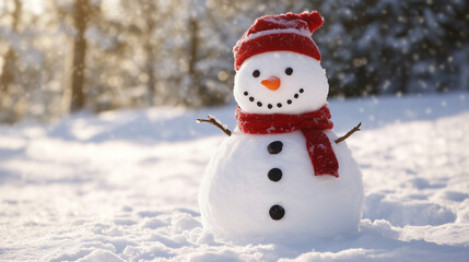 Obraz premium A snowman stands in a snowy environment, wearing a hat, scarf, and featuring a carrot nose. Fresh snow covers the ground, and the sky is overcast, creating a classic winter scene.