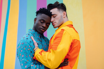Obraz premium two gays love each other and a black gay and a white gay hug on a colored background, lgbtq+, generative AI