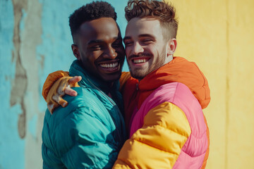 Obraz premium two gays love each other and a black gay and a white gay hug on a colored background, lgbtq+, generative AI