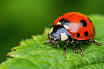 Fototapeta premium Close-up of a vibrant red ladybug on a leaf surface in nature