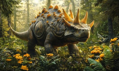 Fototapeta premium Horned dinosaur with spiked armor standing in vibrant forest surrounded by yellow flowers. Prehistoric wildlife and dinosaur era concept.