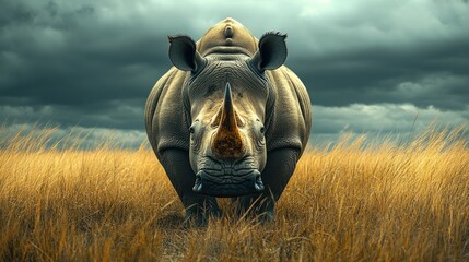 A white rhinoceros stands in a field of tall grass, looking directly at the camera, with a stormy sky in the background.